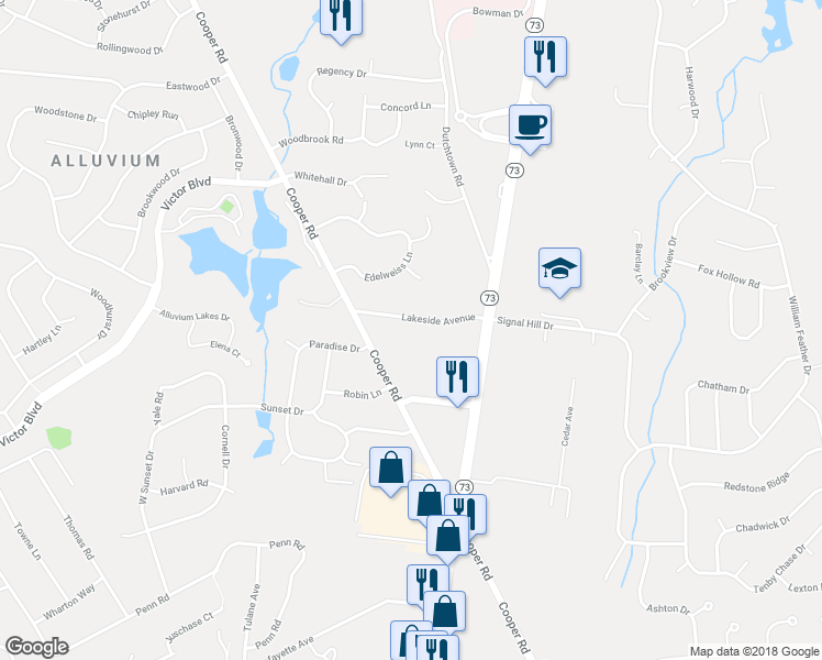 map of restaurants, bars, coffee shops, grocery stores, and more near 1 Lakeside Drive in Voorhees Township