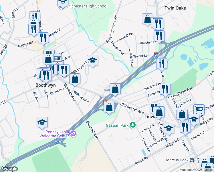 map of restaurants, bars, coffee shops, grocery stores, and more near 818 Pleasant Avenue in Boothwyn