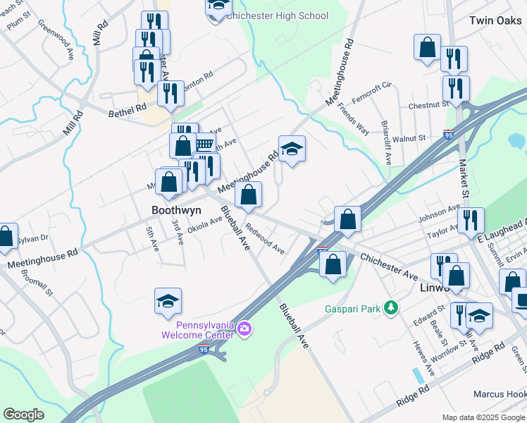 map of restaurants, bars, coffee shops, grocery stores, and more near 2238 Chichester Avenue in Boothwyn