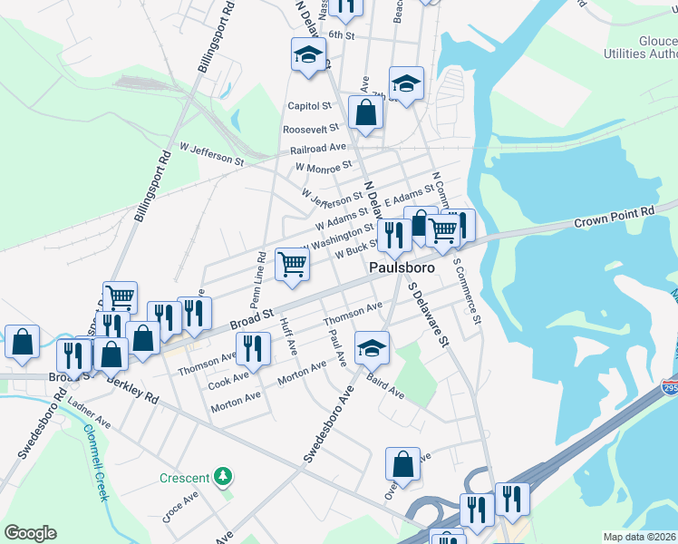 map of restaurants, bars, coffee shops, grocery stores, and more near 1315 Pine Street in Paulsboro