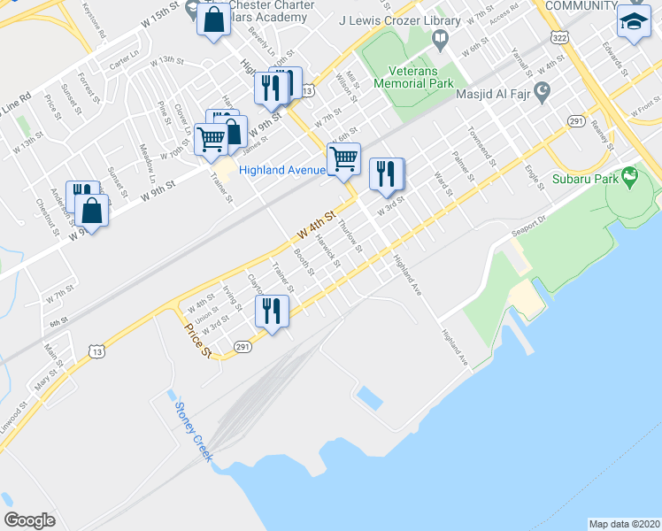 map of restaurants, bars, coffee shops, grocery stores, and more near 222 Harwick Street in Chester