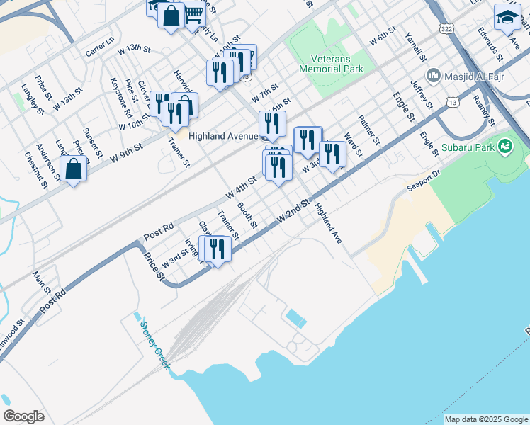 map of restaurants, bars, coffee shops, grocery stores, and more near 222 Harwick Street in Chester