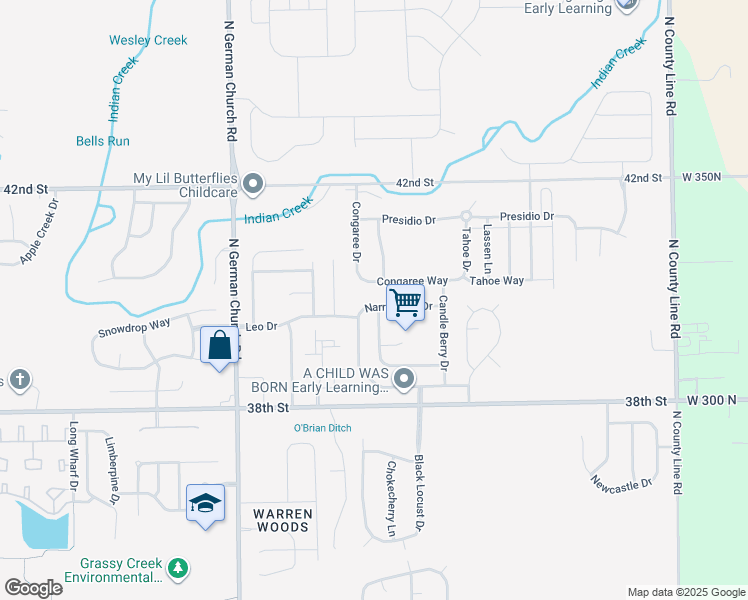 map of restaurants, bars, coffee shops, grocery stores, and more near 11253 Narrowleaf Drive in Indianapolis