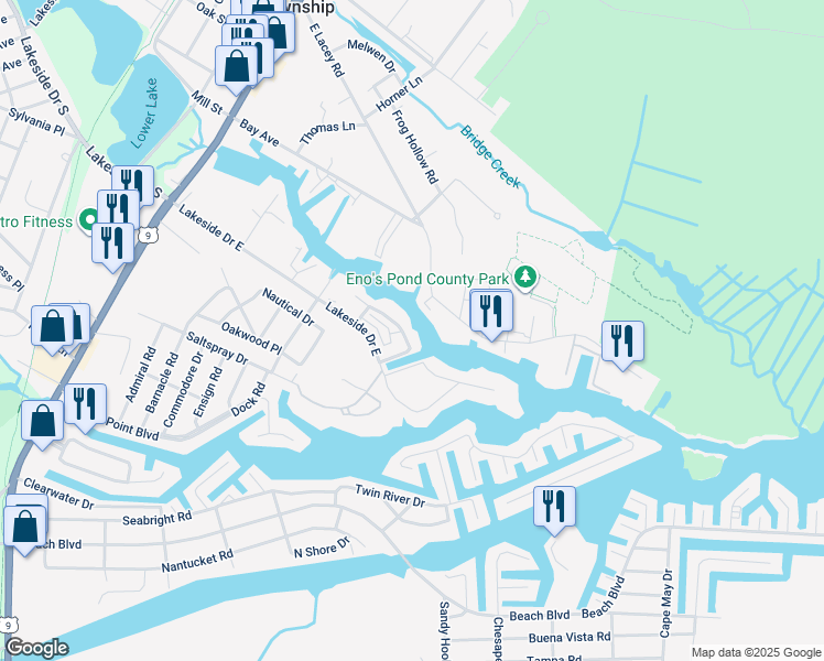 map of restaurants, bars, coffee shops, grocery stores, and more near 208 Yacht Basin Plaza North in Lacey Township