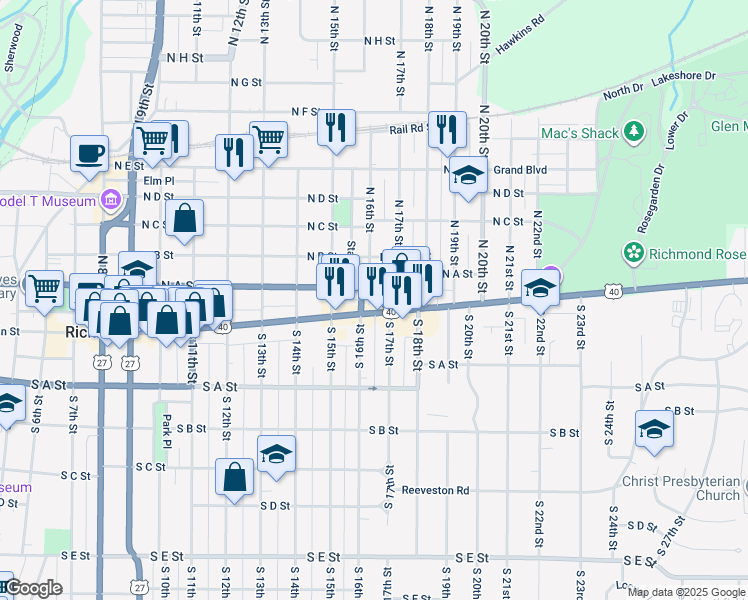 map of restaurants, bars, coffee shops, grocery stores, and more near 1605 East Main Street in Richmond