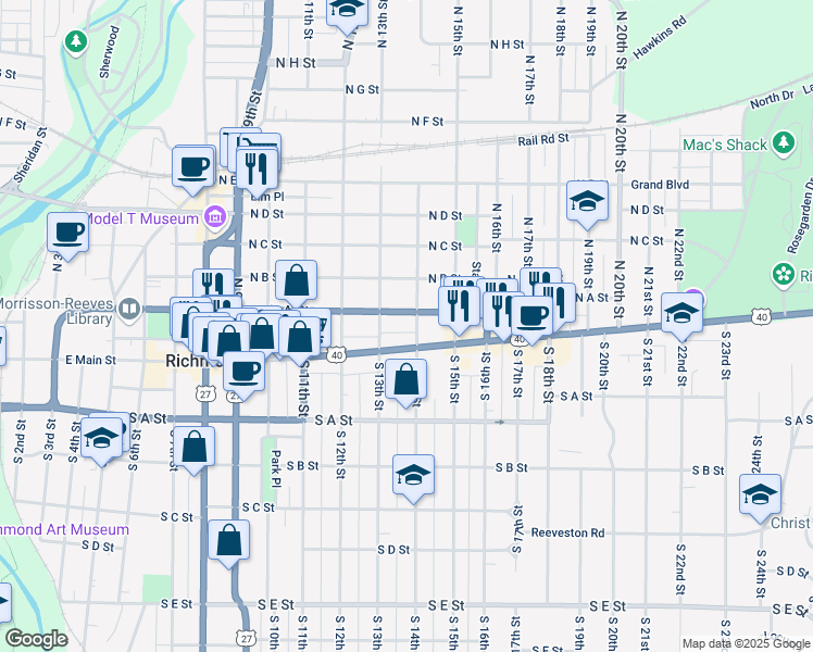 map of restaurants, bars, coffee shops, grocery stores, and more near 12 North 14th Street in Richmond