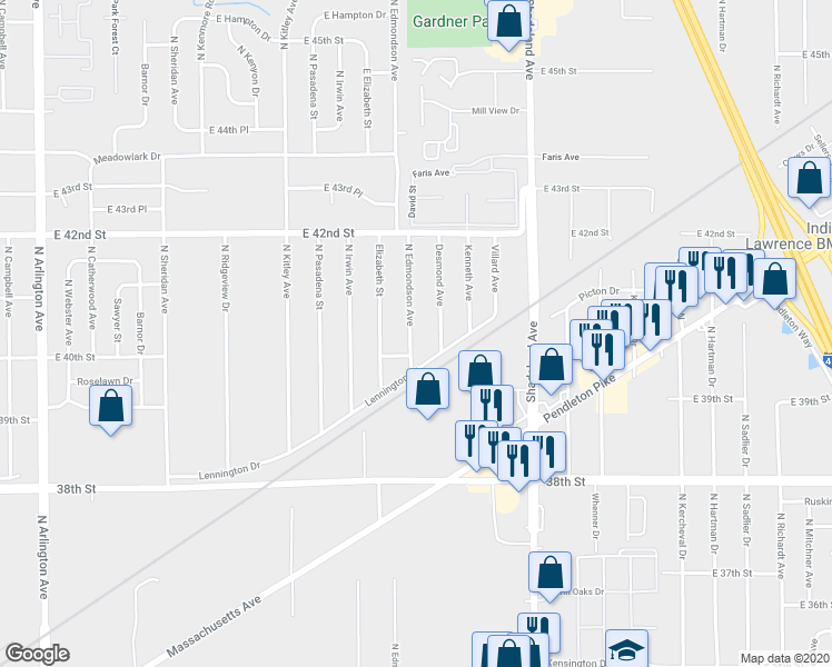 map of restaurants, bars, coffee shops, grocery stores, and more near 4001 North Edmondson Avenue in Indianapolis