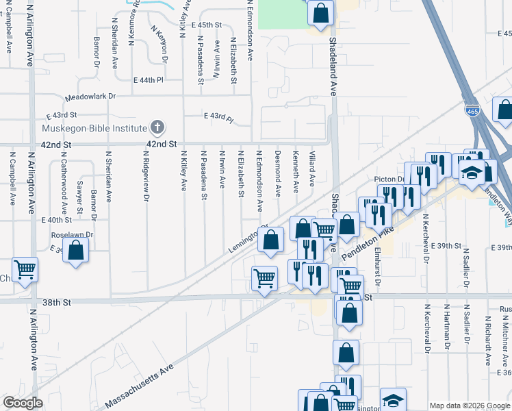 map of restaurants, bars, coffee shops, grocery stores, and more near 4001 North Edmondson Avenue in Indianapolis