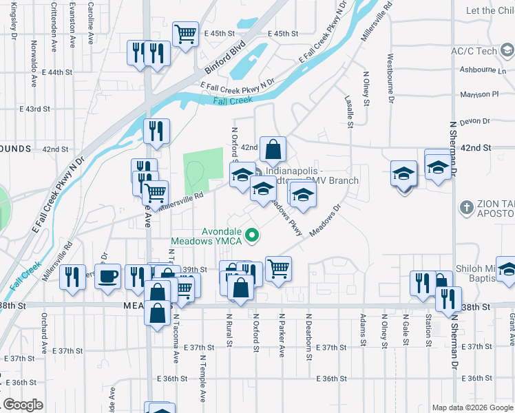 map of restaurants, bars, coffee shops, grocery stores, and more near 3960 Meadows Drive in Indianapolis