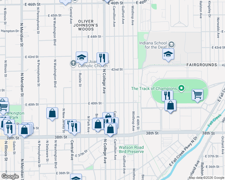 map of restaurants, bars, coffee shops, grocery stores, and more near 4027 Carrollton Avenue in Indianapolis