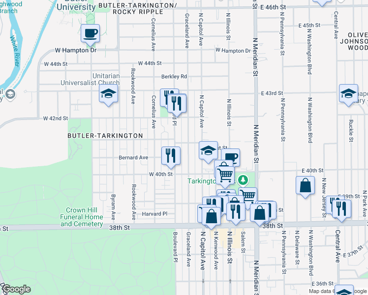 map of restaurants, bars, coffee shops, grocery stores, and more near 4044 Graceland Avenue in Indianapolis