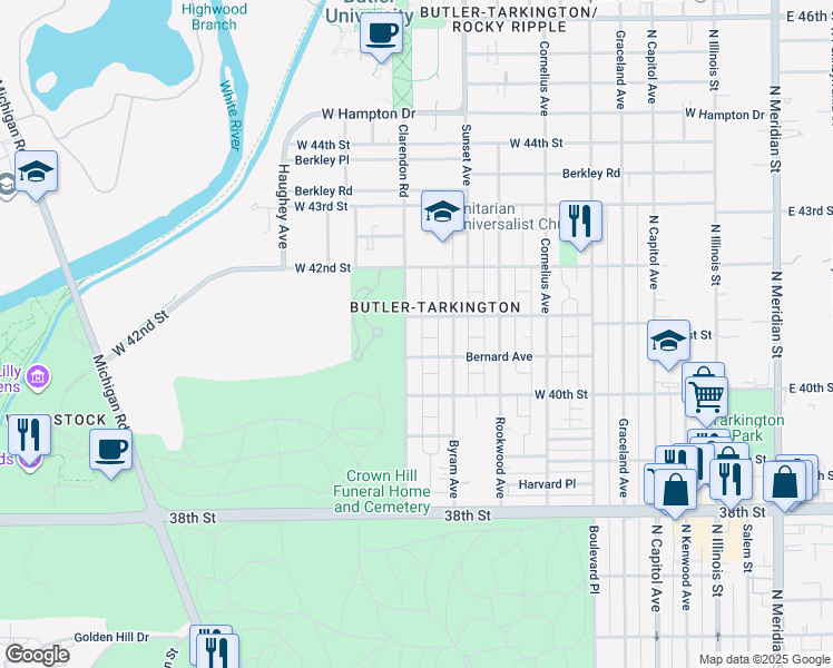 map of restaurants, bars, coffee shops, grocery stores, and more near 626 Bernard Avenue in Indianapolis