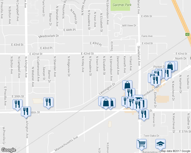 map of restaurants, bars, coffee shops, grocery stores, and more near 4050 North Irwin Avenue in Indianapolis