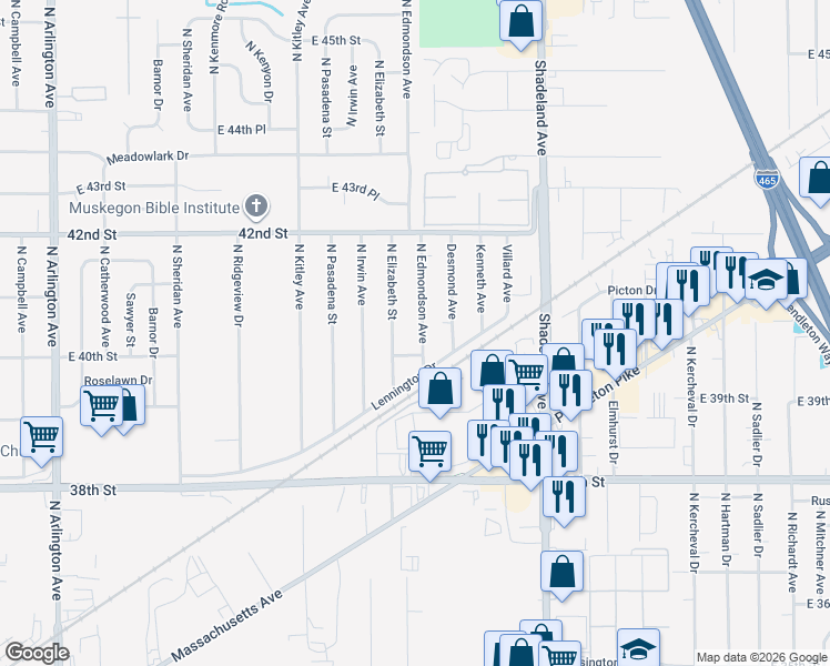 map of restaurants, bars, coffee shops, grocery stores, and more near 4001 North Edmondson Avenue in Indianapolis
