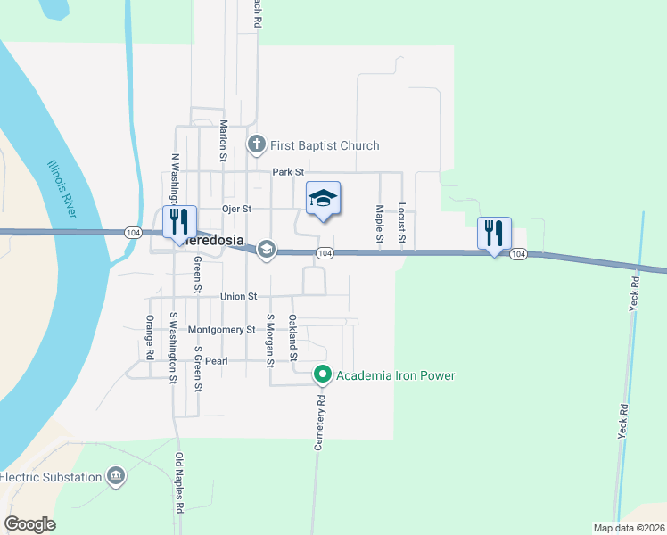 map of restaurants, bars, coffee shops, grocery stores, and more near 833 Union Street in Meredosia