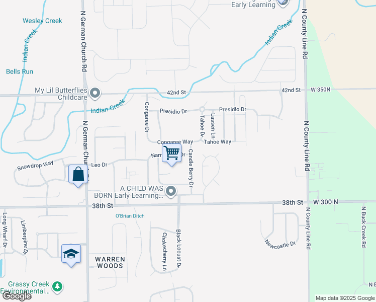 map of restaurants, bars, coffee shops, grocery stores, and more near 3938 Candle Berry Drive in Indianapolis