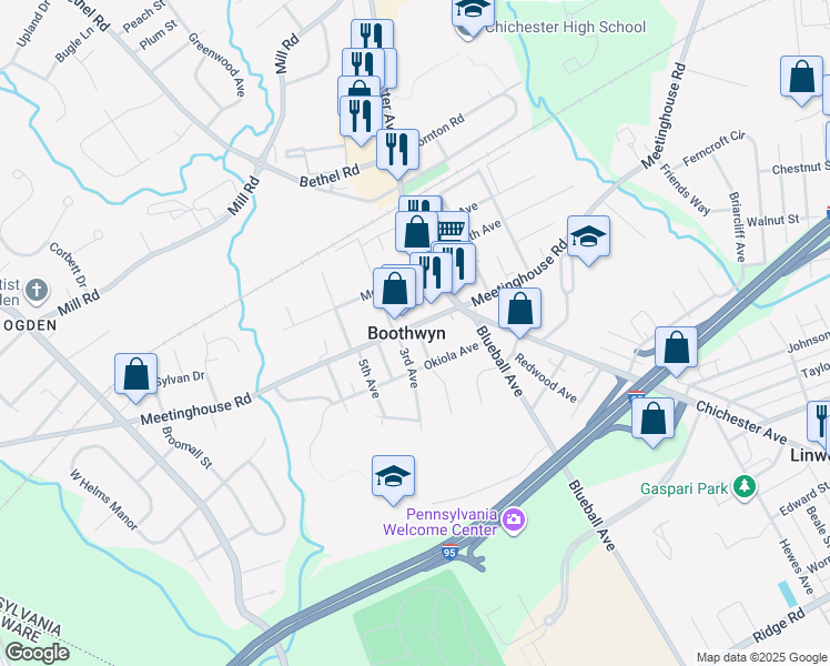 map of restaurants, bars, coffee shops, grocery stores, and more near in Boothwyn