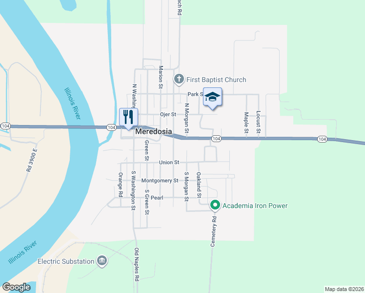 map of restaurants, bars, coffee shops, grocery stores, and more near 623 Main Street in Meredosia