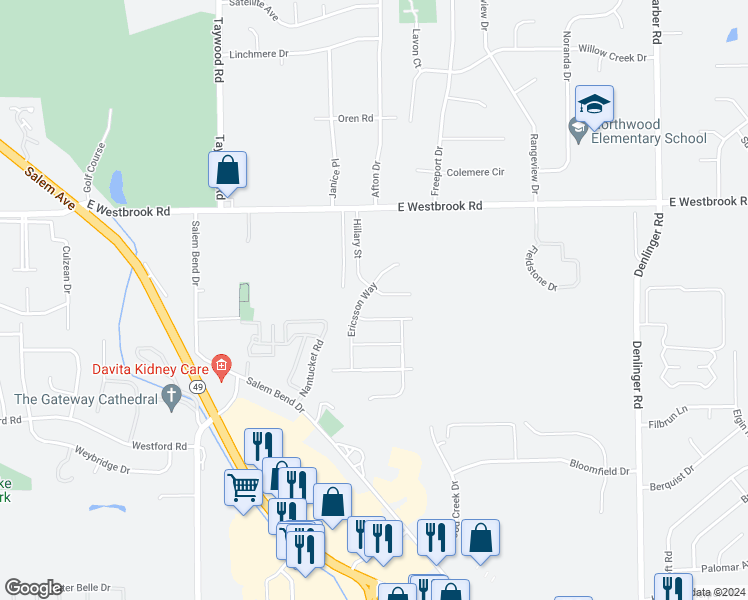 map of restaurants, bars, coffee shops, grocery stores, and more near 5783 Hillary Street in Dayton