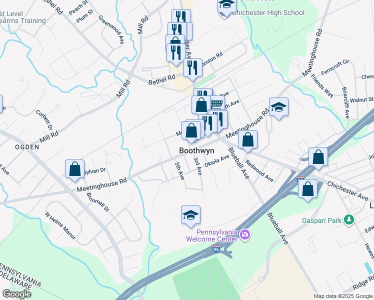 map of restaurants, bars, coffee shops, grocery stores, and more near 1610 Meetinghouse Road in Boothwyn
