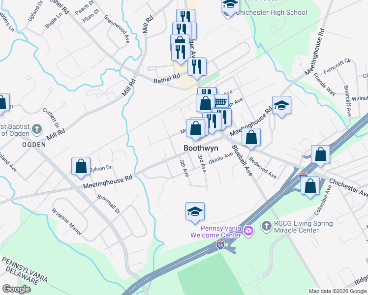 map of restaurants, bars, coffee shops, grocery stores, and more near 1707 Meetinghouse Road in Boothwyn