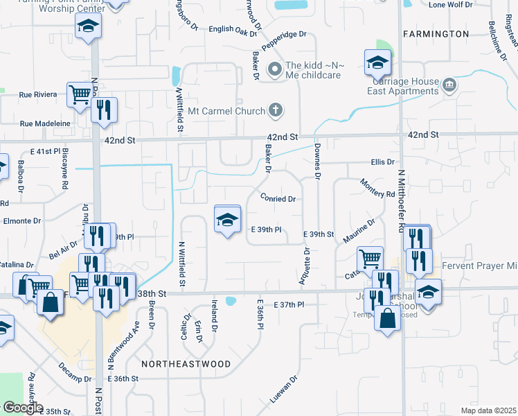 map of restaurants, bars, coffee shops, grocery stores, and more near 9514 Baker Court in Indianapolis
