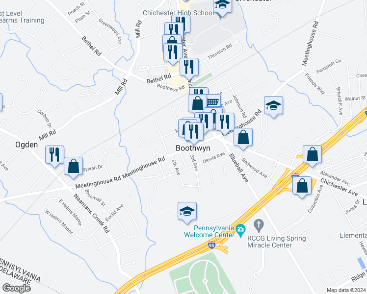 map of restaurants, bars, coffee shops, grocery stores, and more near 1610 Meetinghouse Road in Boothwyn