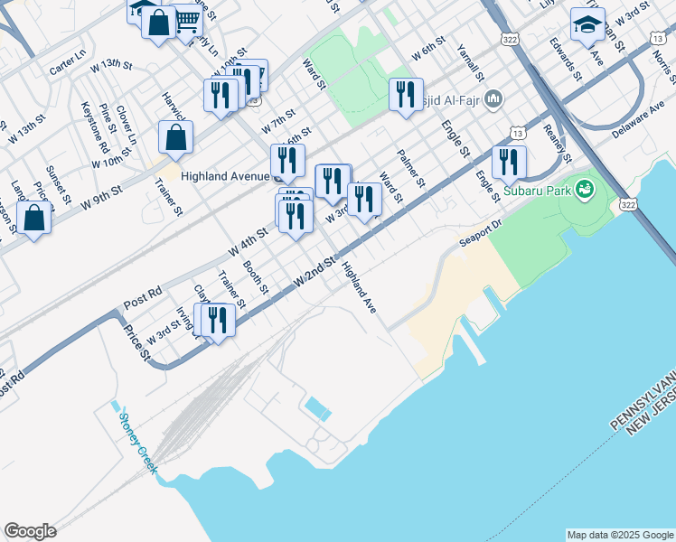 map of restaurants, bars, coffee shops, grocery stores, and more near 125 Grace Street in Chester