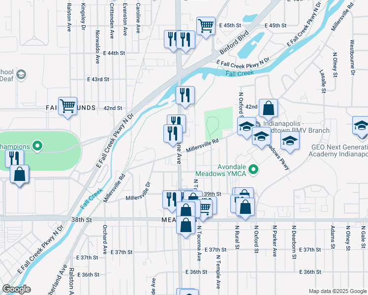 map of restaurants, bars, coffee shops, grocery stores, and more near 4101 North Keystone Avenue in Indianapolis