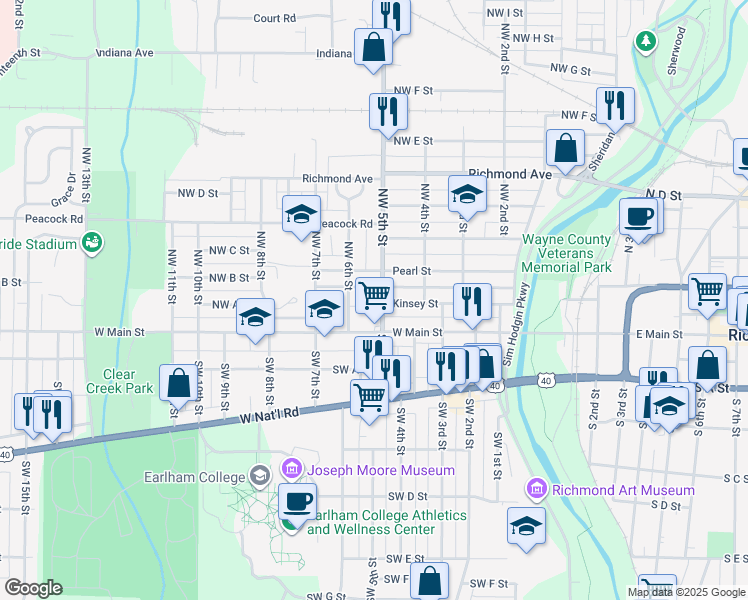 map of restaurants, bars, coffee shops, grocery stores, and more near 34 Northwest 5th Street in Richmond