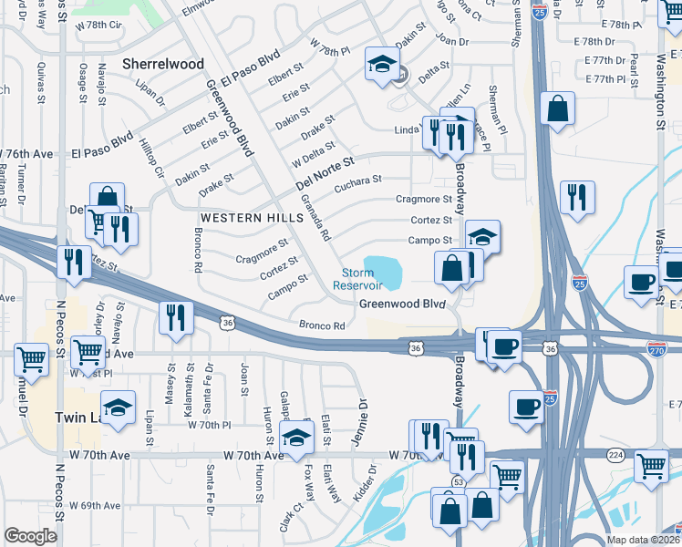 map of restaurants, bars, coffee shops, grocery stores, and more near 5900 Greenwood Boulevard in Denver