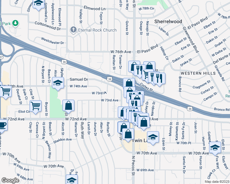 map of restaurants, bars, coffee shops, grocery stores, and more near 7301 Quivas Street in Denver