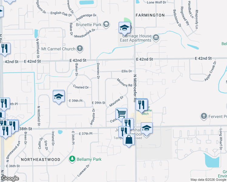 map of restaurants, bars, coffee shops, grocery stores, and more near 9920 Maurine Drive in Indianapolis