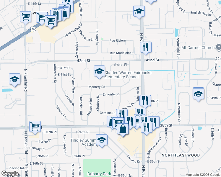 map of restaurants, bars, coffee shops, grocery stores, and more near 3934 Elmonte Court in Indianapolis