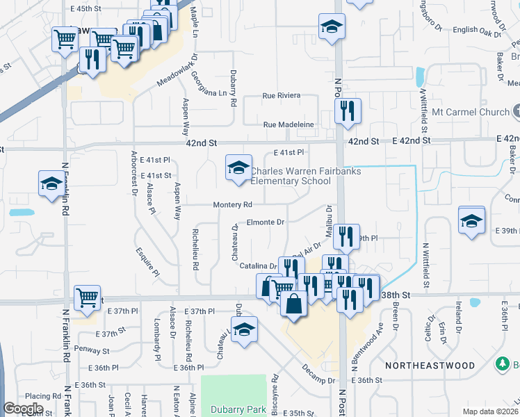 map of restaurants, bars, coffee shops, grocery stores, and more near 3934 Elmonte Court in Indianapolis