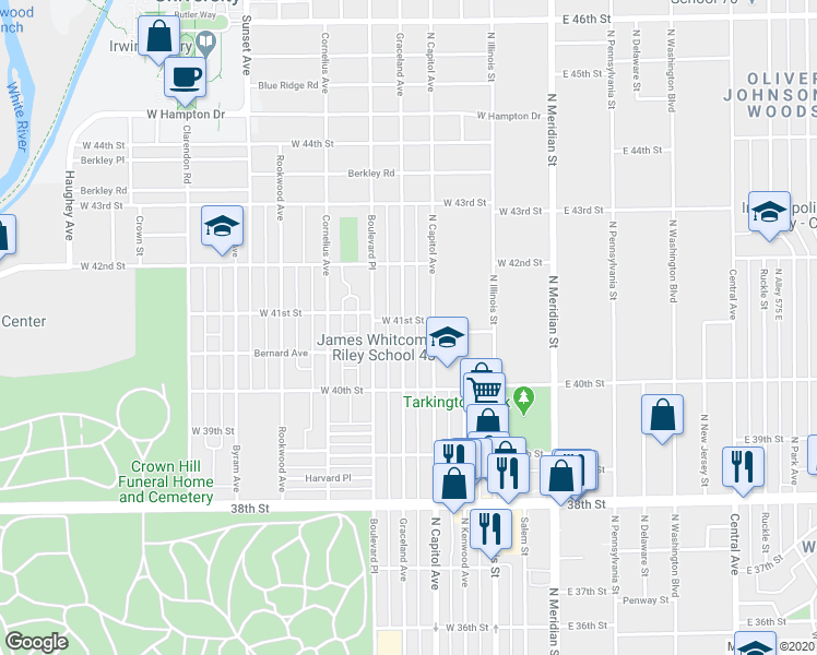 map of restaurants, bars, coffee shops, grocery stores, and more near 4044 Graceland Avenue in Indianapolis