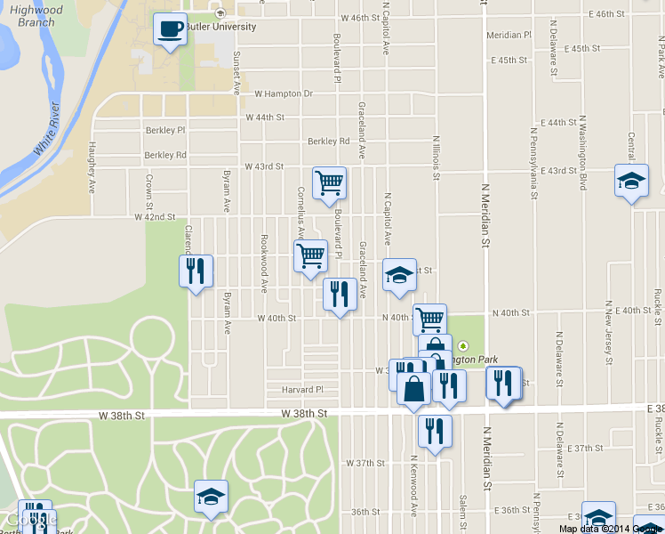 map of restaurants, bars, coffee shops, grocery stores, and more near 312 Bernard Avenue in Indianapolis