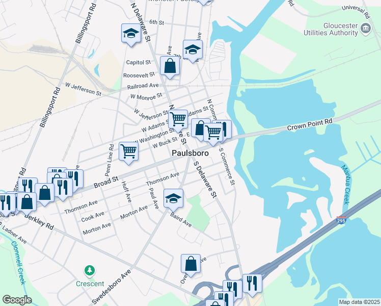 map of restaurants, bars, coffee shops, grocery stores, and more near Broad St & N Delaware St in Paulsboro