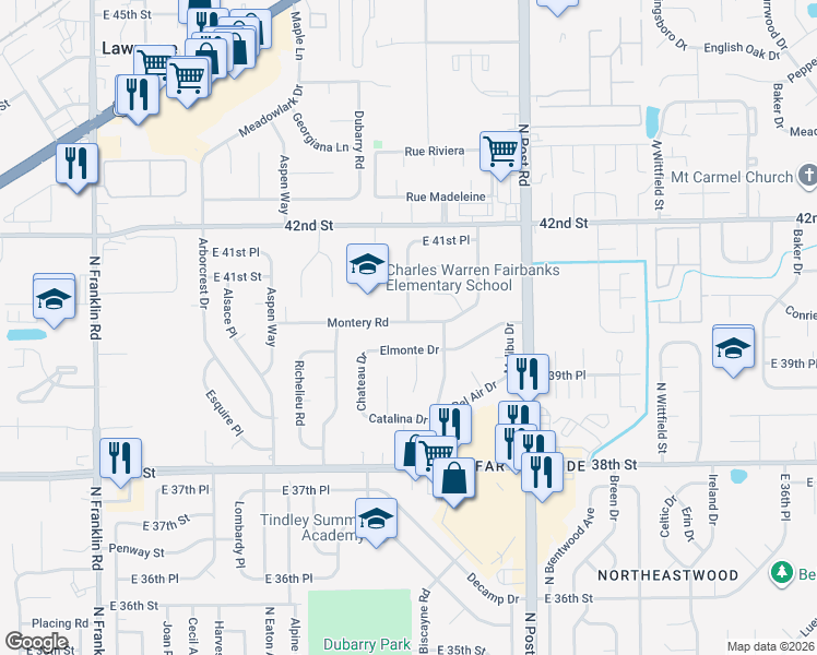 map of restaurants, bars, coffee shops, grocery stores, and more near 3934 Elmonte Court in Indianapolis