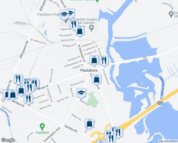 map of restaurants, bars, coffee shops, grocery stores, and more near 1 West Broad Street in Paulsboro
