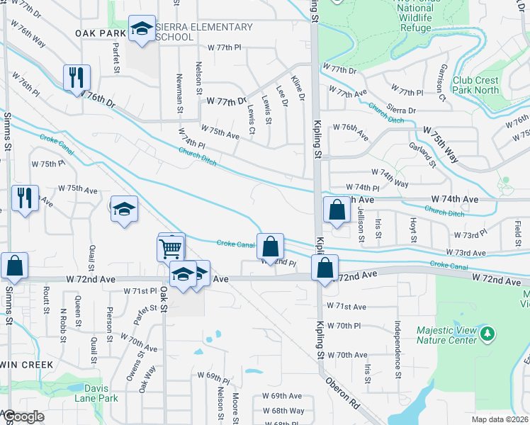 map of restaurants, bars, coffee shops, grocery stores, and more near 10110 West 73rd Place in Arvada