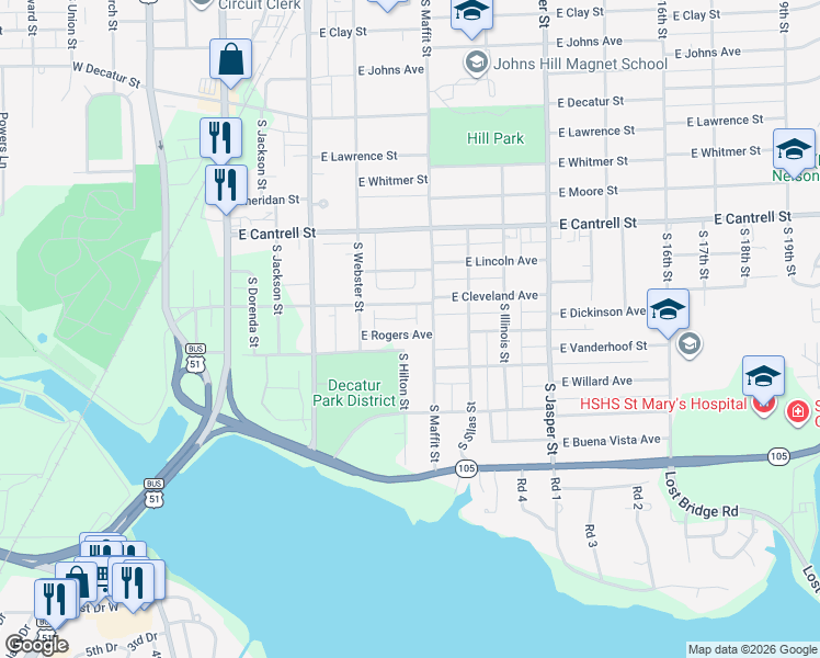 map of restaurants, bars, coffee shops, grocery stores, and more near 1100 South Hilton Street in Decatur