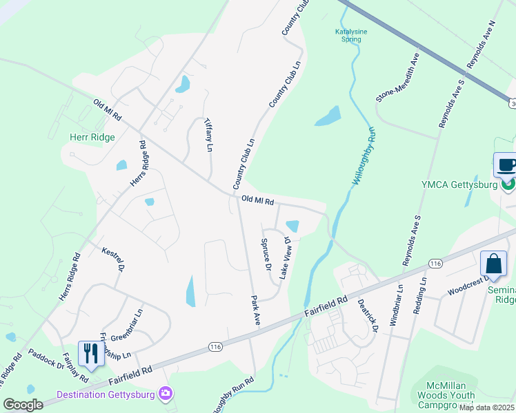 map of restaurants, bars, coffee shops, grocery stores, and more near 230 Old Mill Road in Gettysburg