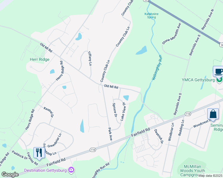 map of restaurants, bars, coffee shops, grocery stores, and more near 230 Old Mill Road in Gettysburg