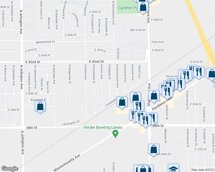 map of restaurants, bars, coffee shops, grocery stores, and more near 4018 North Elizabeth Street in Indianapolis