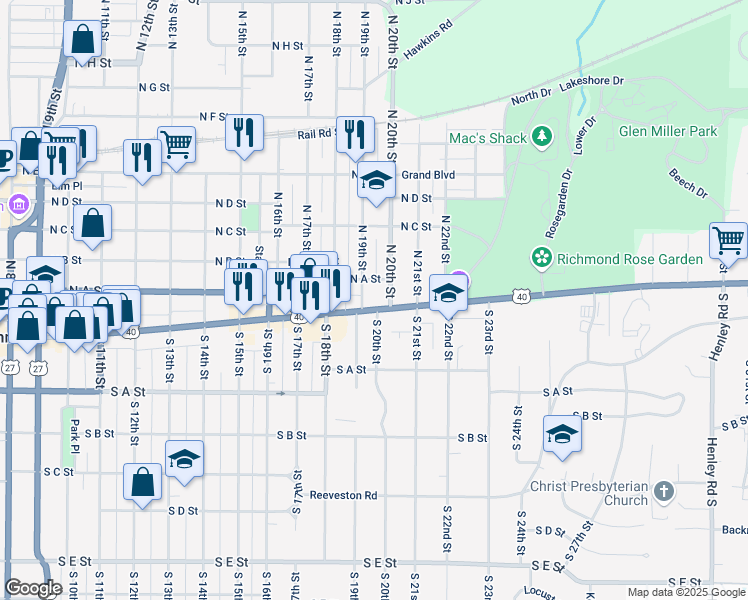 map of restaurants, bars, coffee shops, grocery stores, and more near 1914 East Main Street in Richmond
