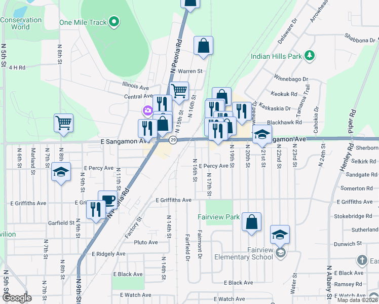 map of restaurants, bars, coffee shops, grocery stores, and more near 1530 East Sangamon Avenue in Springfield