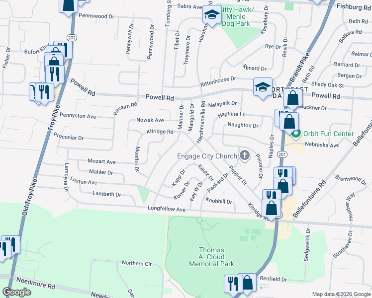 map of restaurants, bars, coffee shops, grocery stores, and more near 5384 Mariner Drive in Dayton