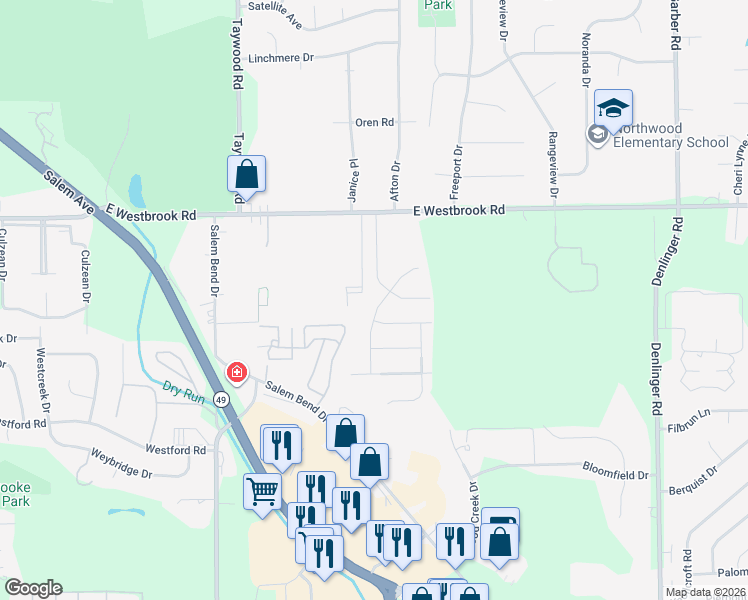 map of restaurants, bars, coffee shops, grocery stores, and more near 5853 Hillary Street in Dayton