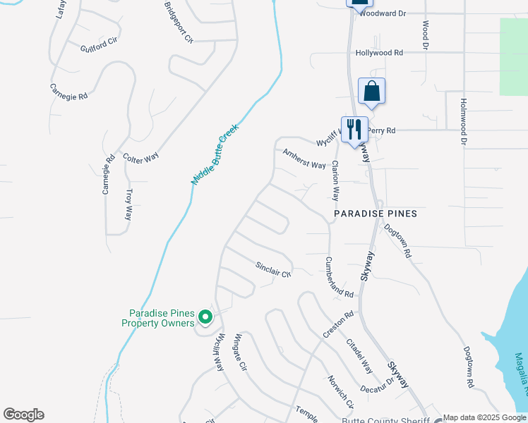 map of restaurants, bars, coffee shops, grocery stores, and more near 14317 Wycliff Way in Magalia